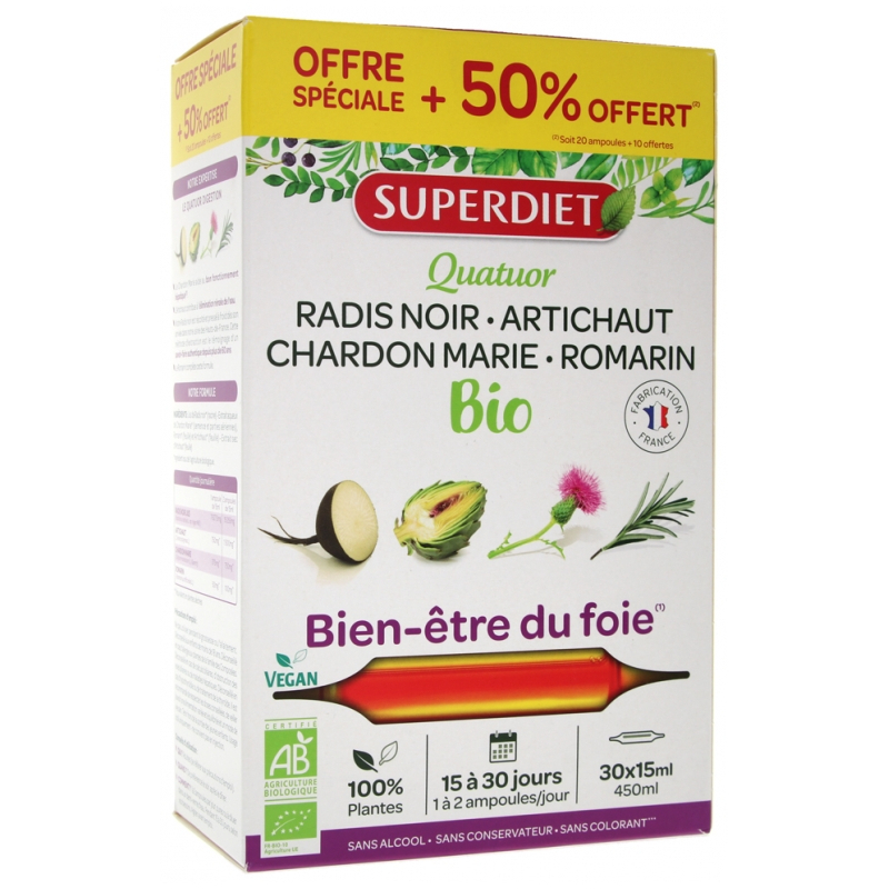 SuperDiet Quatuor Bien Etre du Foie Bio - 30 ampoules de 15ml