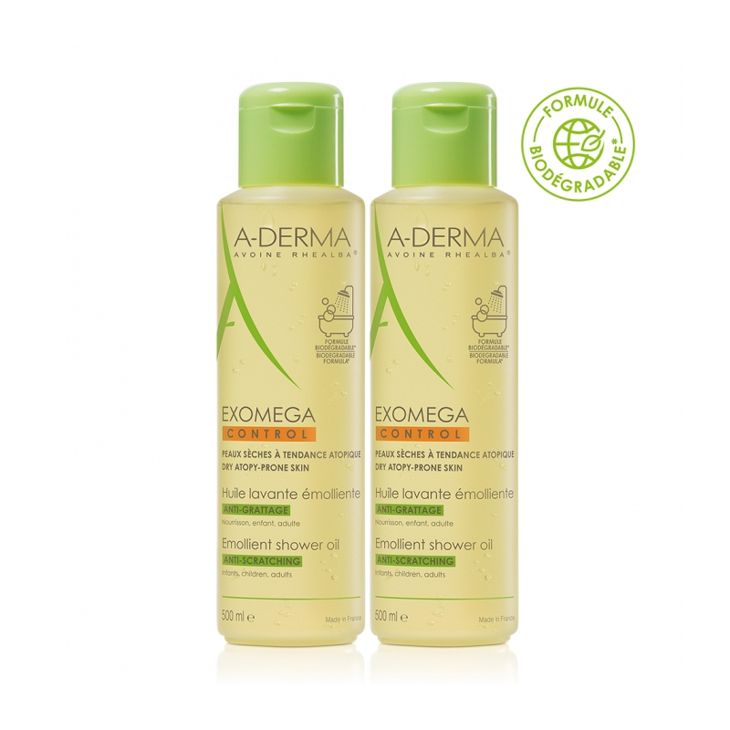 Aderma Exomega Control Huile Lavante Émolliente Anti-Grattage - Lot de 2 x 500 ml