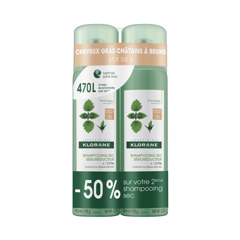 Klorane Shampoing Sec Séborégulateur à l'Extrait d'Ortie - Lot de 2 x 150 ml