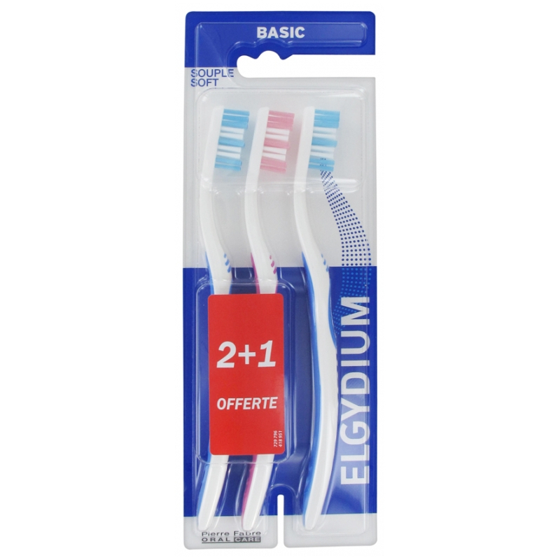 Elgydium Basic Brosse à Dents Souple Lot de 2 + 1 Offerte