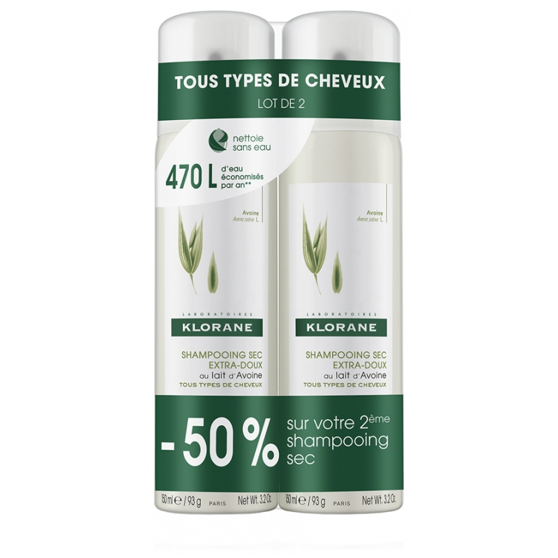 Klorane Shampoing Sec Extra-Doux au Lait d'Avoine Spray tous types de cheveux - Lot de 2x150ml