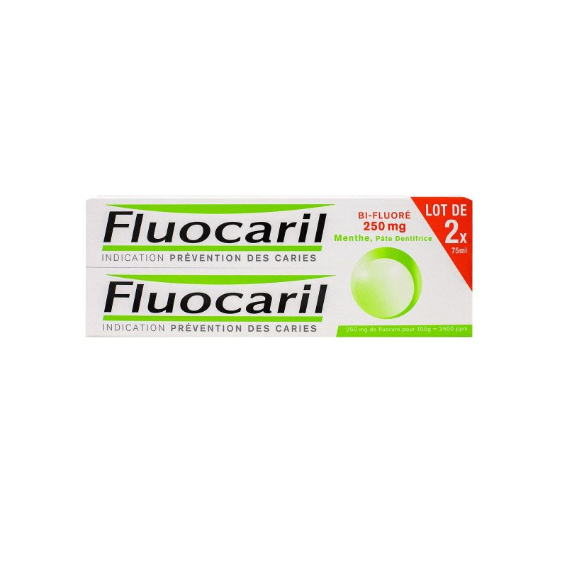 FLUOCARIL Dentifrice Bi-Fluoré 250 mg MENTHE, pâte dentifrice – lot de 2 X 75ml