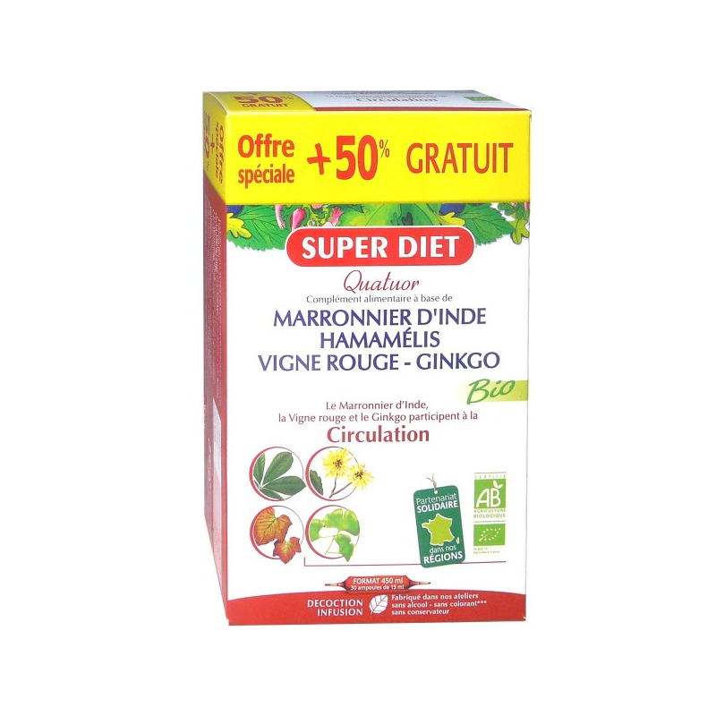 Super Diet Quatuor Vigne Rouge Circulation Bio - 20 Ampoules + 10 Ampoules Offertes