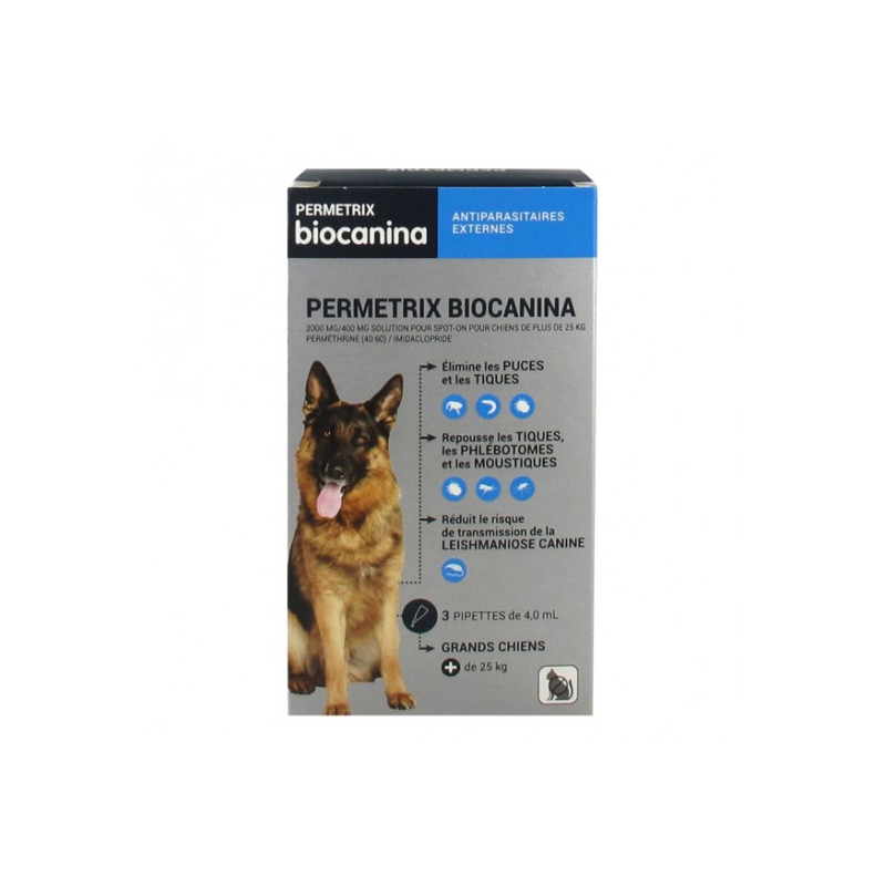 Biocanina permetrix grand chien + de 25kg pipettes 2000mg/400mg - 3 unités 