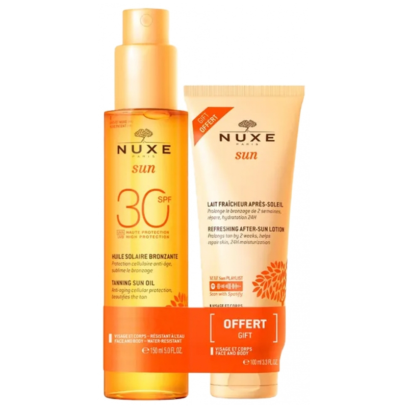 Nuxe Sun Huile Solaire Bronzante Visage et Corps SPF30 150 ml + Lait Fraîcheur Après-Soleil Visage et Corps 100 ml Offert