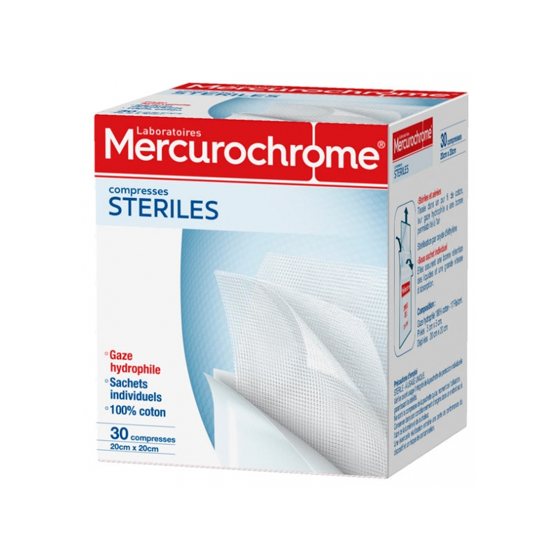 Mercurochrome Compresses Stériles Coton - 30 comprimés