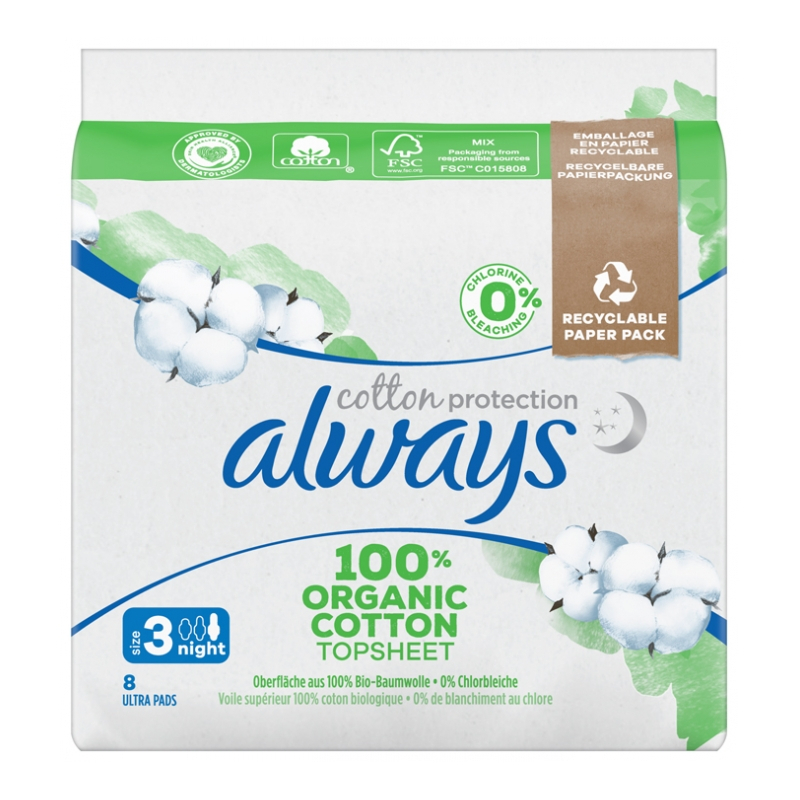 Always Cotton Protection Serviettes Hygiéniques Taille 3 Night - 8 unités 