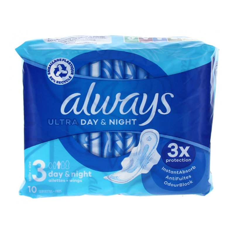 Always Ultra Day & Night Serviettes Hygiéniques Taille 3 - 10 unités 