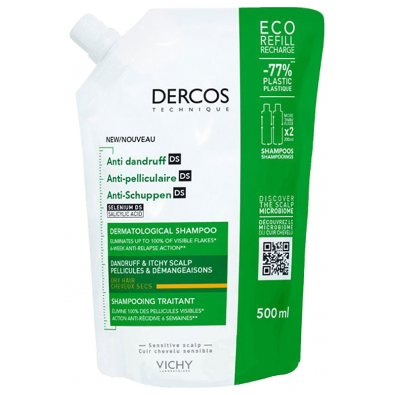 Vichy Dercos Shampoing Traitant Anti-Pelliculaire DS Cheveux Secs Éco-Recharge - 500 ml