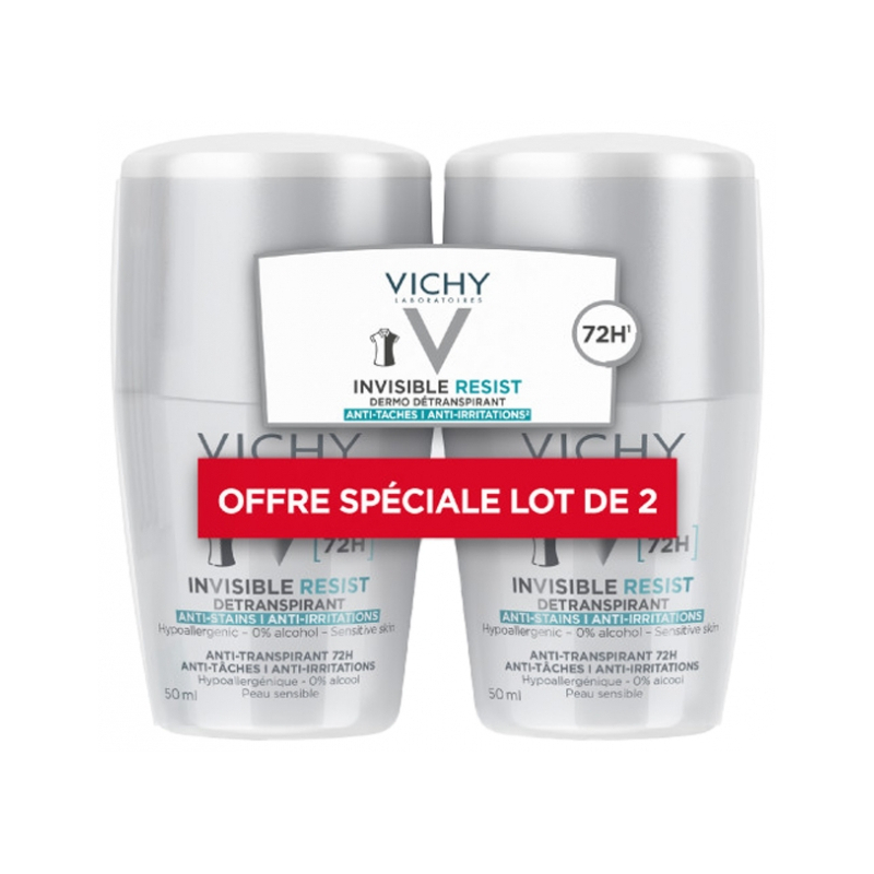 Vichy Déodorant Invisible Resist Dermo-Détranspirant 72H Roll-On - Lot de 2 x 50 ml